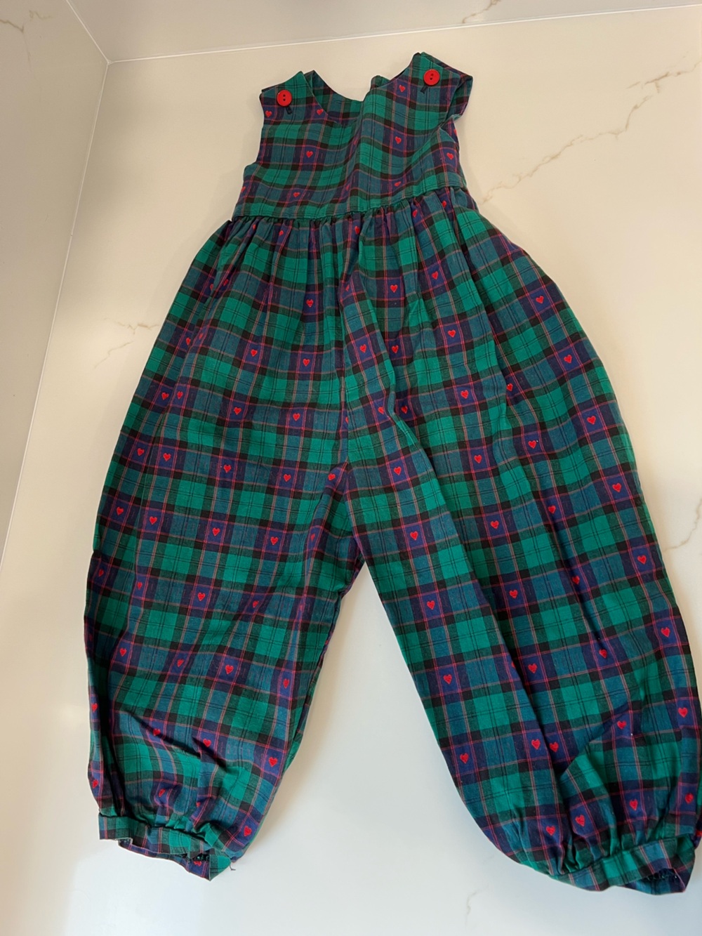 Tartan Green & Navy Plaid Overalls with Red Heart Accents- red bow back